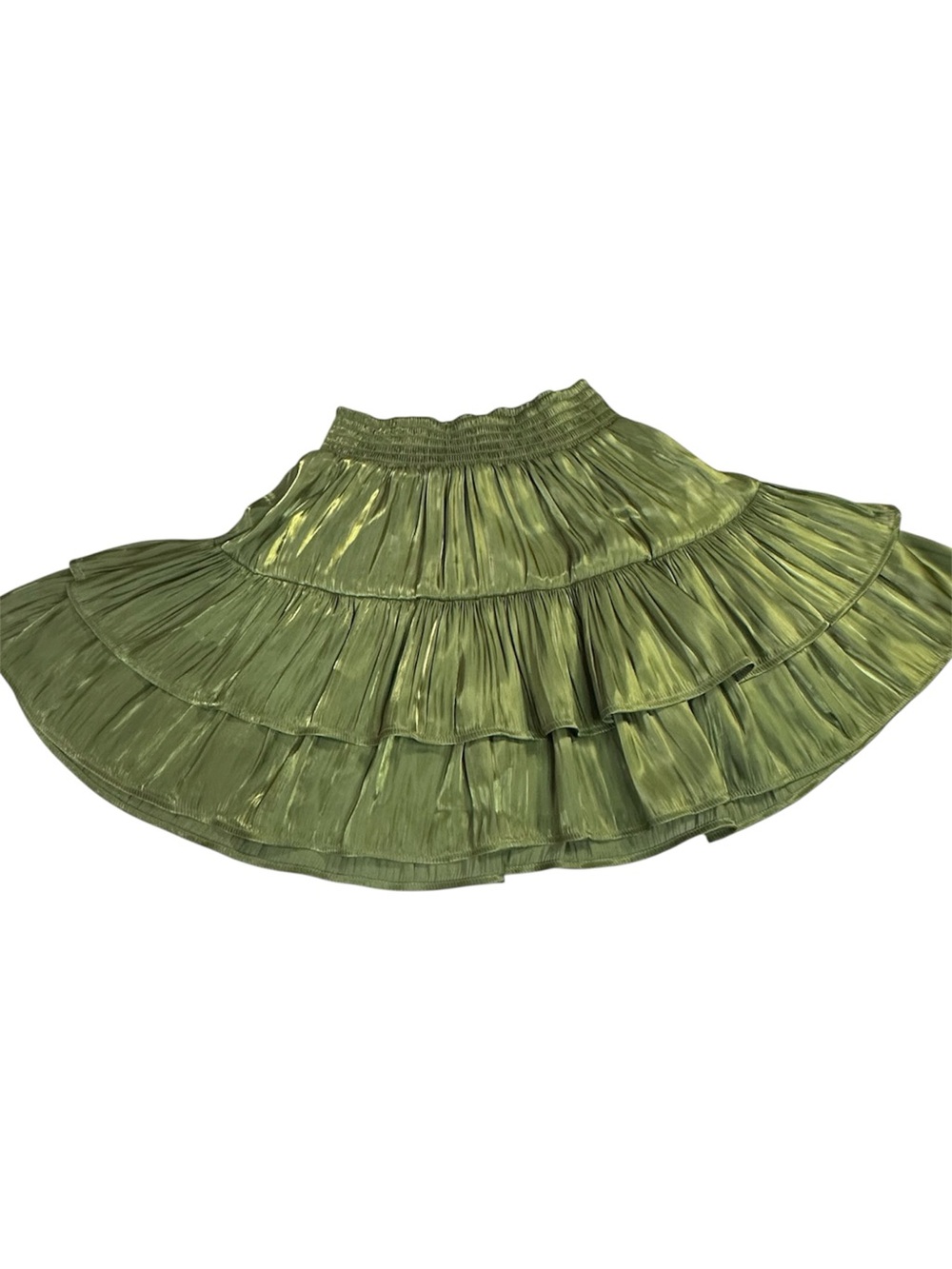 Umgee USA Olive Green Metallic Tiered Ruffle Mini Skirt Elastic Waist Small
